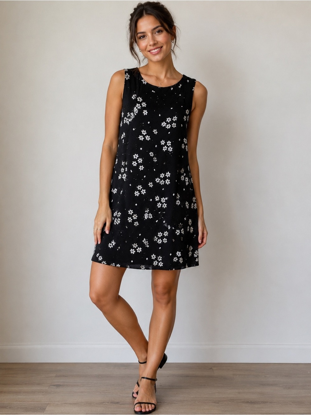 Aino Sleeveless Floral Print Mini Dress in Black/Gray/Grey Medium